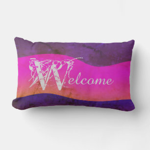 Purple Pink Blue Watercolor Chic Outdoor "Welcome" Lumbar Pillow