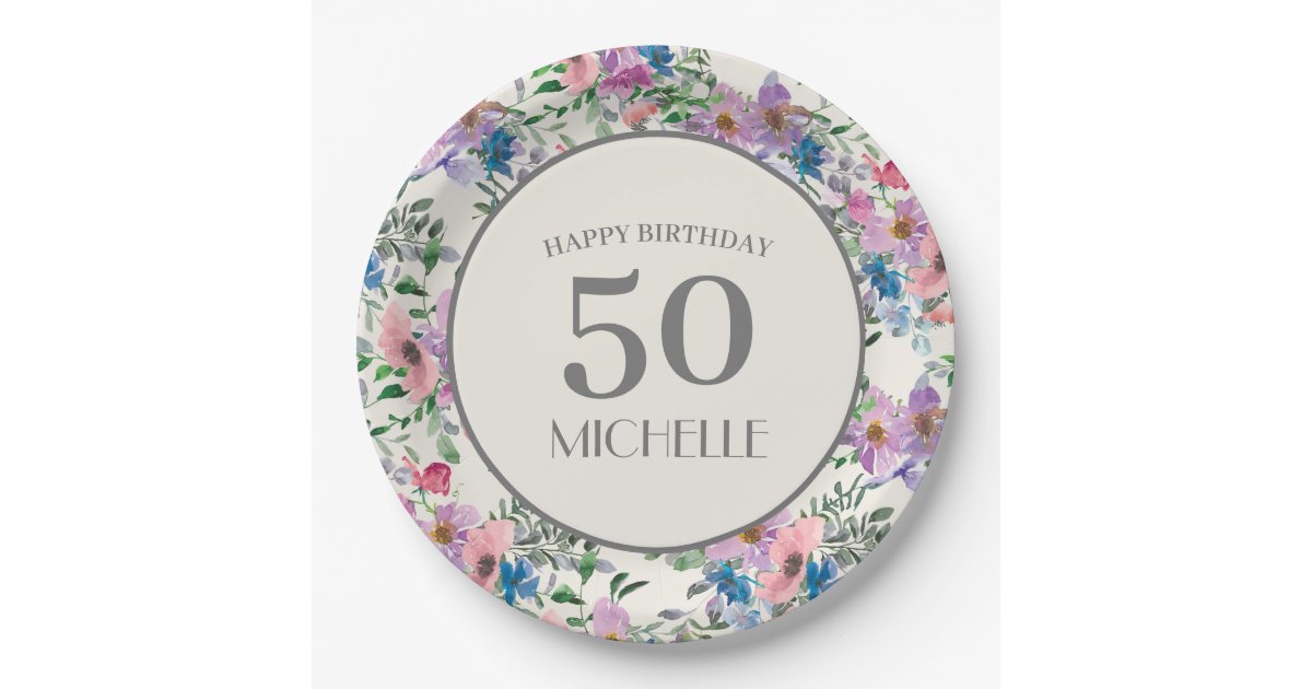 Purple Pink Blue Watercolor Floral 50th Birthday Paper Plate
