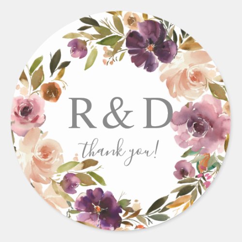 Purple  Pink Blush Floral Monogram _  Classic Rou Classic Round Sticker