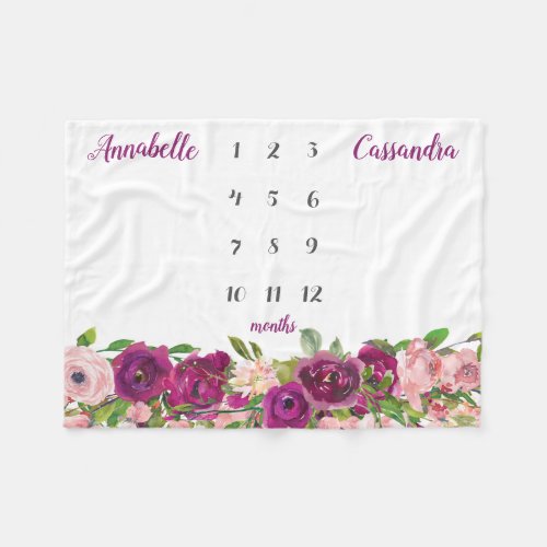 Purple Pink Blush Floral Rose Twin Milestone Baby Fleece Blanket