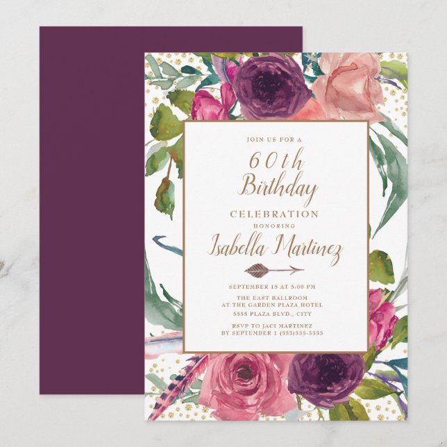 Purple Pink Boho Feather Floral Gold 60th Birthday Invitation (Front/Back)