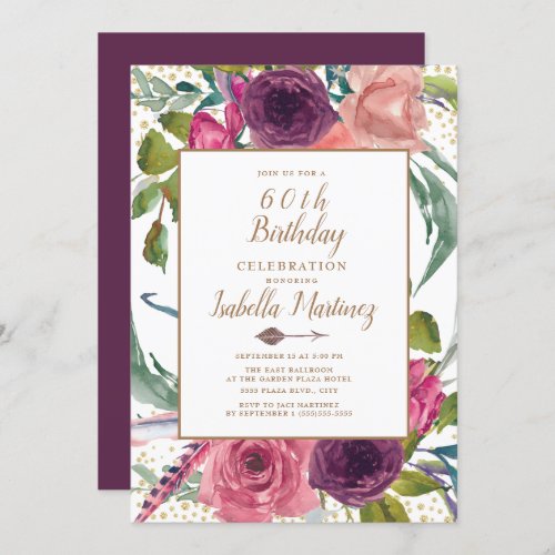 Purple Pink Boho Feather Floral Gold 60th Birthday Invitation