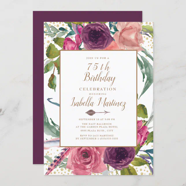 Purple Pink Boho Feather Floral Gold 75th Birthday Invitation | Zazzle