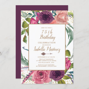 Purple Pink Boho Feather Floral Gold 75th Birthday Invitation