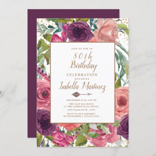 Purple Pink Boho Feather Floral Gold 80th Birthday Invitation