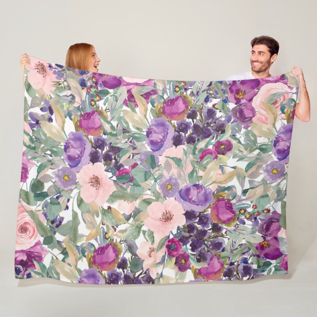 Purple Pink Boho Watercolor Flowers Fleece Blanket (In Situ)