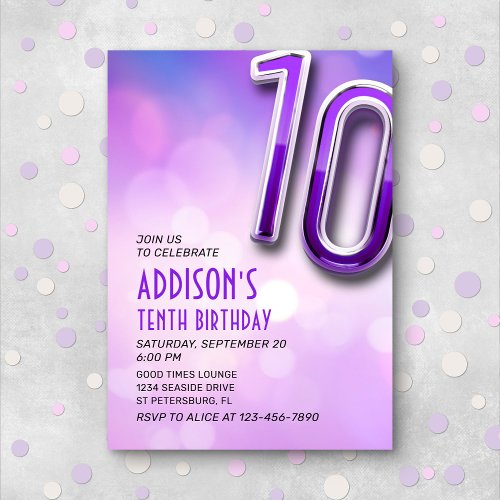 Purple Pink Bokeh 10th Birthday Invitation