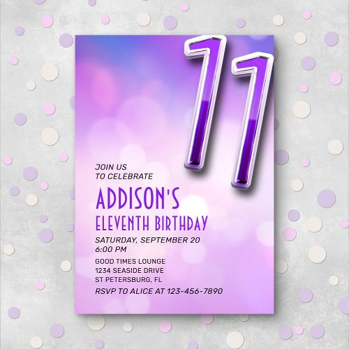 Purple Pink Bokeh 11th Birthday Invitation
