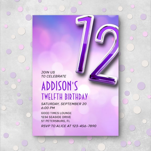 Purple Pink Bokeh 12th Birthday Invitation (Creator Uploaded)