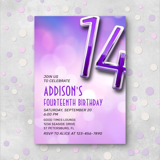 Purple Pink Bokeh 14th Birthday Invitation (Creator Uploaded)