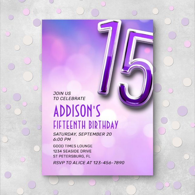 Purple Pink Bokeh 15th Birthday Invitation (Creator Uploaded)