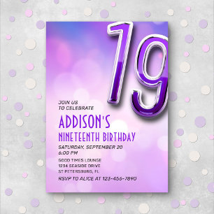 Purple Pink Bokeh 19th Birthday Invitation