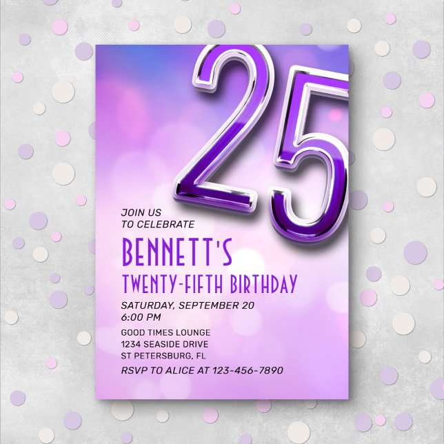 Purple Pink Bokeh 25th Birthday Invitation (Creator Uploaded)