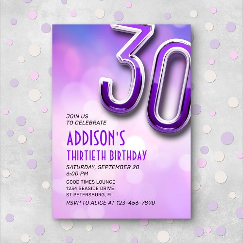 Purple Pink Bokeh 30th Birthday Invitation