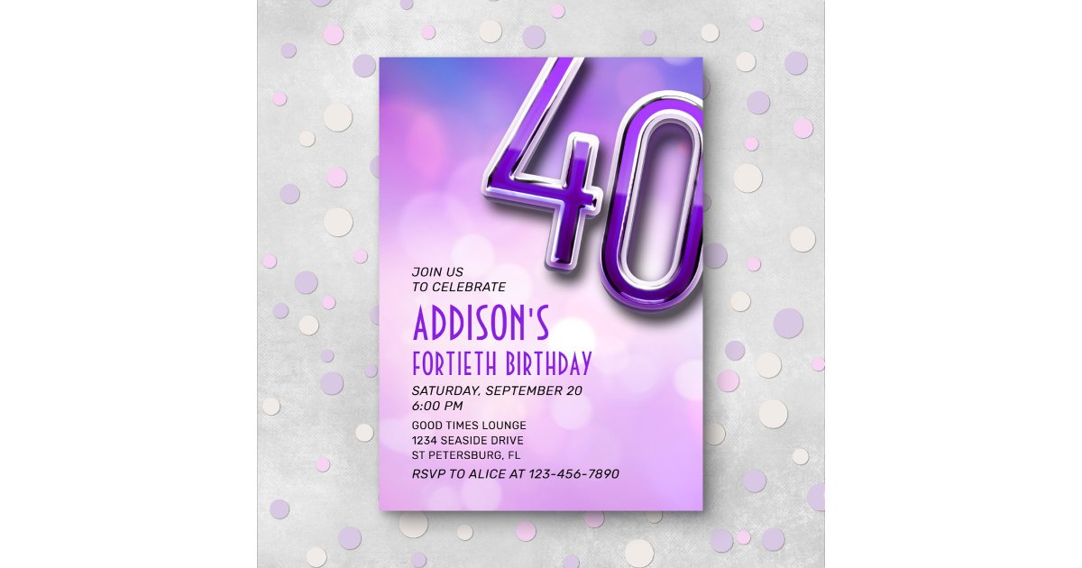 Purple Pink Bokeh 40th Birthday Invitation | Zazzle