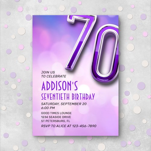 Purple Pink Bokeh 70th Birthday Invitation