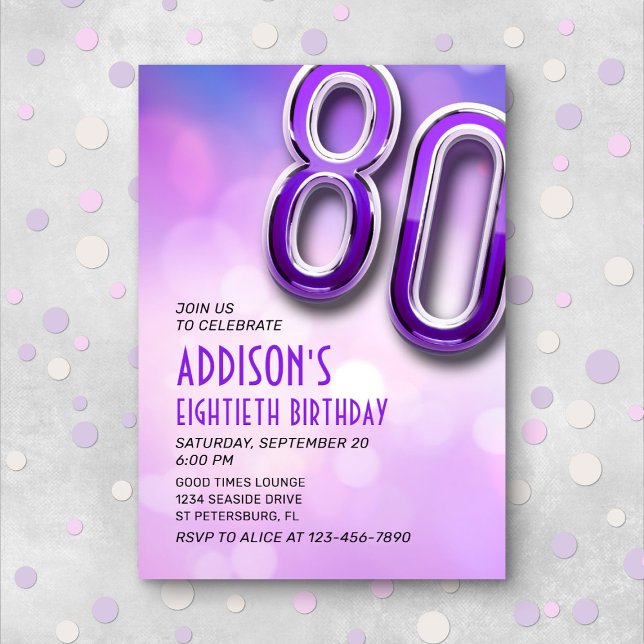 Purple Pink Bokeh 80th Birthday Invitation (Creator Uploaded)