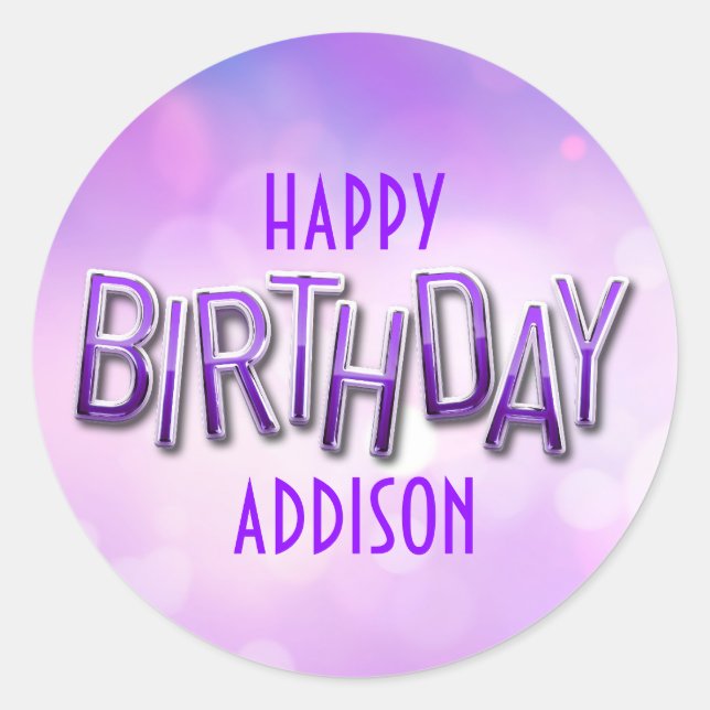 Purple Pink Bokeh Birthday Classic Round Sticker (Front)