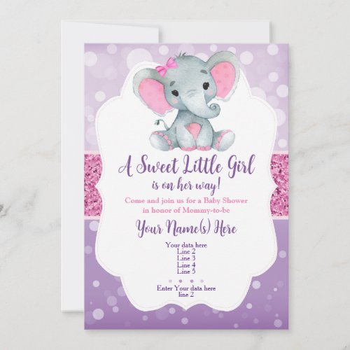 Purple Pink Bokeh Elephant Invitation Glitter