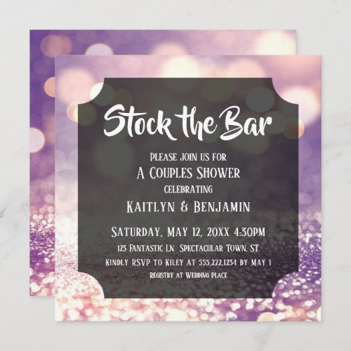 Purple  Pink Bokeh Stock the Bar Couples Shower Invitation