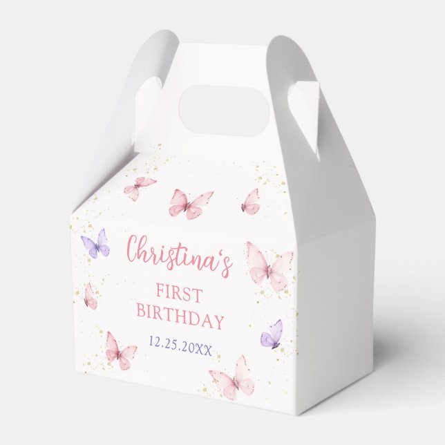 Purple Pink Bow Butterfly Birthday Party Favor Boxes (Front Side)