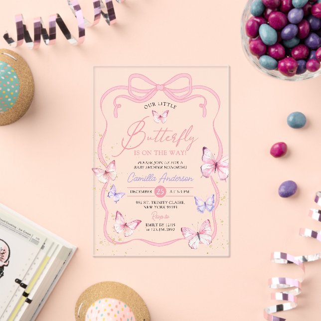 Purple Pink Bow Butterfly Girl Baby Shower Acrylic Invitations (Insitu (Celebration))