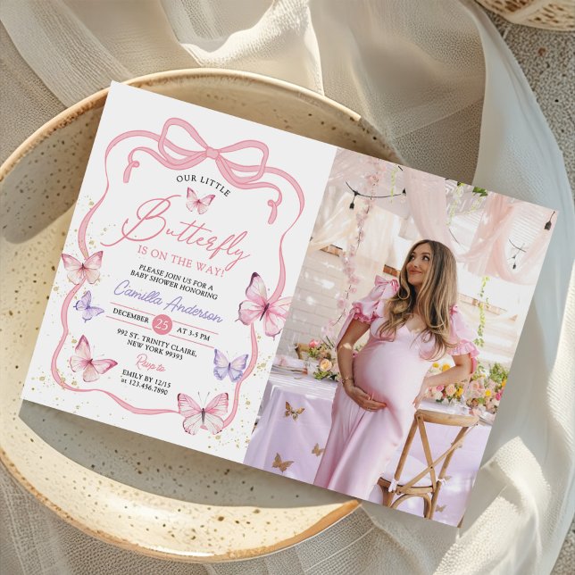 Purple Pink Bow Butterfly Girl Baby Shower Photo Invitation (Creator Uploaded)