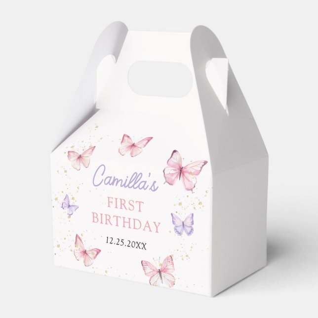 Purple Pink Bow Butterfly Girl Birthday Party Favor Boxes (Front Side)