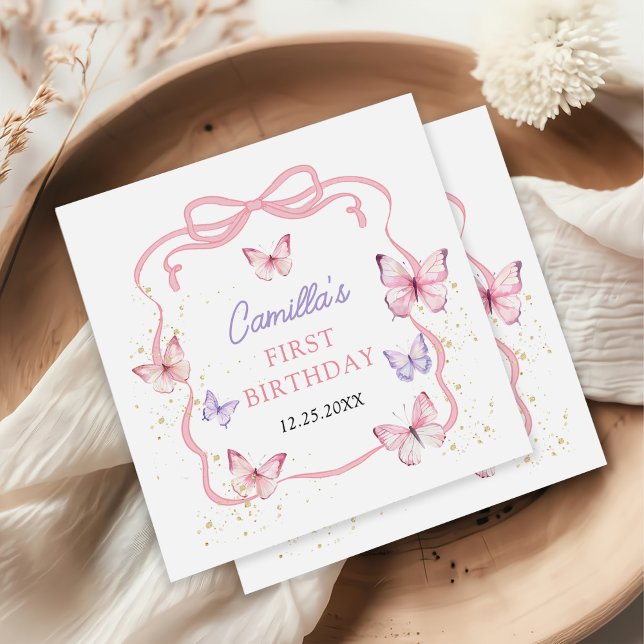 Purple Pink Bow Butterfly Girl Birthday Party Napkins (Creator Uploaded)