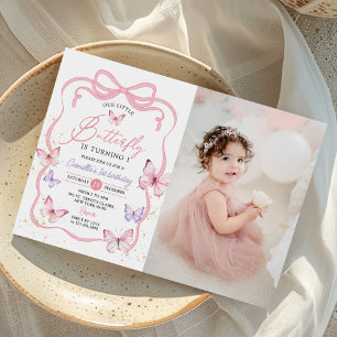 Purple Pink Bow Butterfly Girl Birthday Photo Invitation