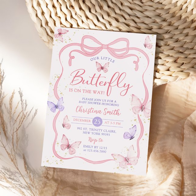 Purple Pink Bow Little Butterfly Baby Shower Invitation (Creator Uploaded)