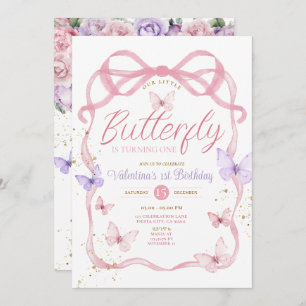 Purple Pink Bow Our Little Butterfly Birthday Invitation