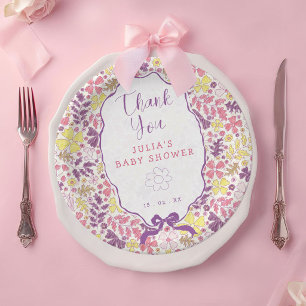Purple Pink Bow Wildflowers Blooms Baby Shower Paper Plates