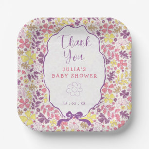 Purple Pink Bow Wildflowers Blooms Baby Shower Paper Plates
