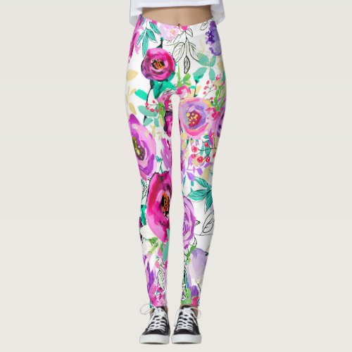 Purple Pink Bright Colorful Bold Modern Floral Leggings