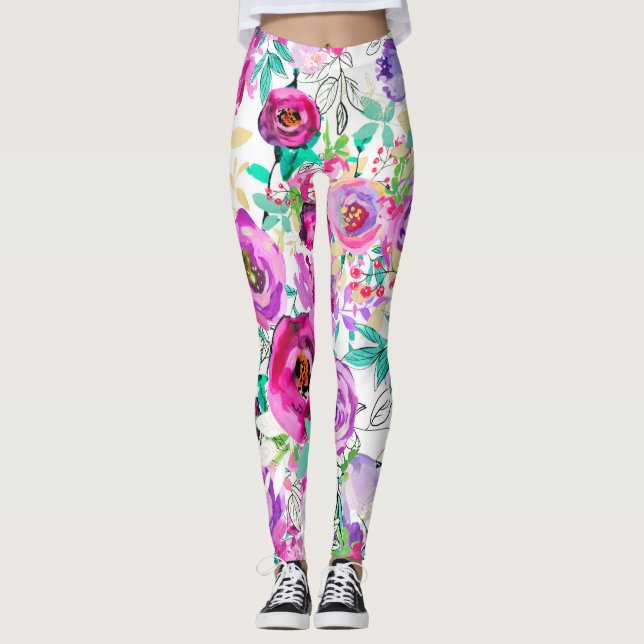 Purple Pink Bright Colorful Bold Modern Floral Leggings (Front)