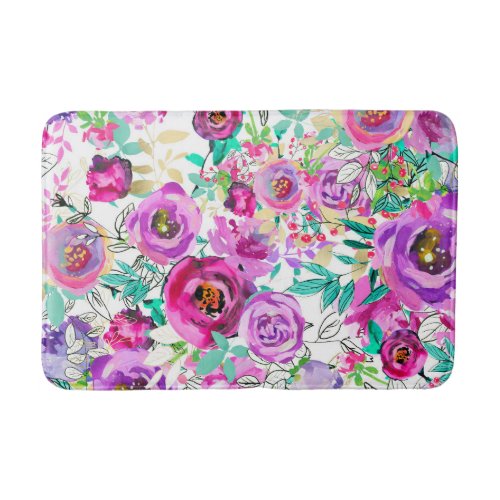 Purple Pink Bright Colorful Chic Modern Floral Bathroom Mat