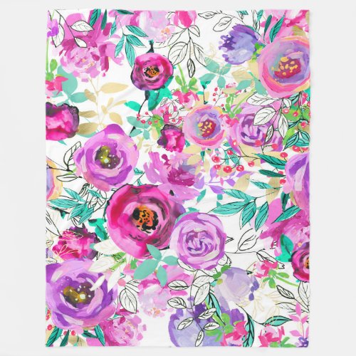 Purple Pink Bright Colorful Chic Modern Floral Fleece Blanket