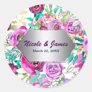 Purple Pink Bright Colorful Modern Floral Favor Classic Round Sticker