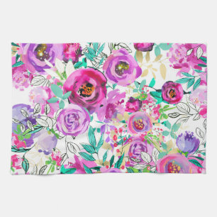 Purple Pink Bright Colorful Modern Floral Pattern Kitchen Towel