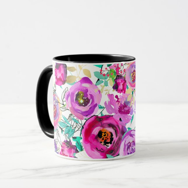 Purple Pink Bright Colorful Modern Floral Pattern Mug (Front Left)