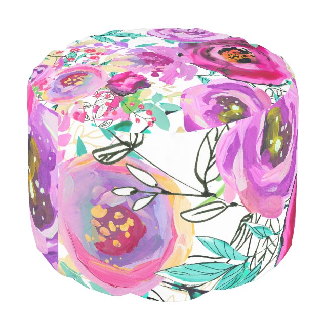 Purple Pink Bright Colorful Modern Floral Pattern Pouf (Angled Back)