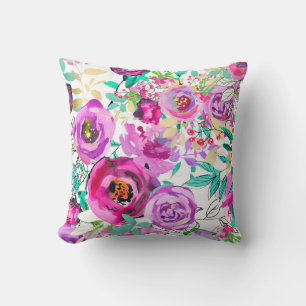 Purple Pink Bright Colorful Modern Floral Pattern Throw Pillow