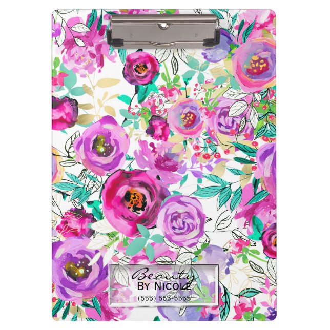 Purple Pink Bright Modern Floral Personalized Clipboard (Front)