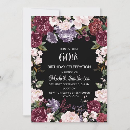 Purple Pink Burgundy Floral Black 60th Birthday Invitation