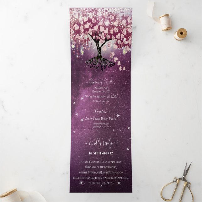 Purple Pink Burgundy Wine Heart Leaf Tree Wedding Tri-Fold Invitation (Inside)