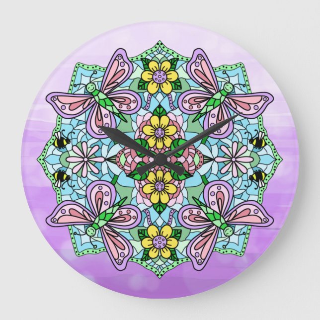 Purple, Pink Butterflies and Flowers Mandala  Large Clock (Front)