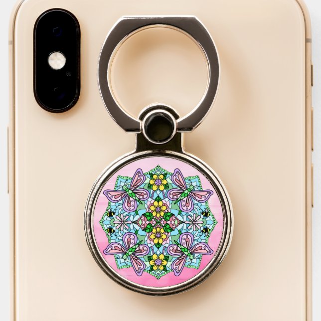Purple, Pink Butterflies and Flowers Mandala Phone Ring Stand (Close Up)