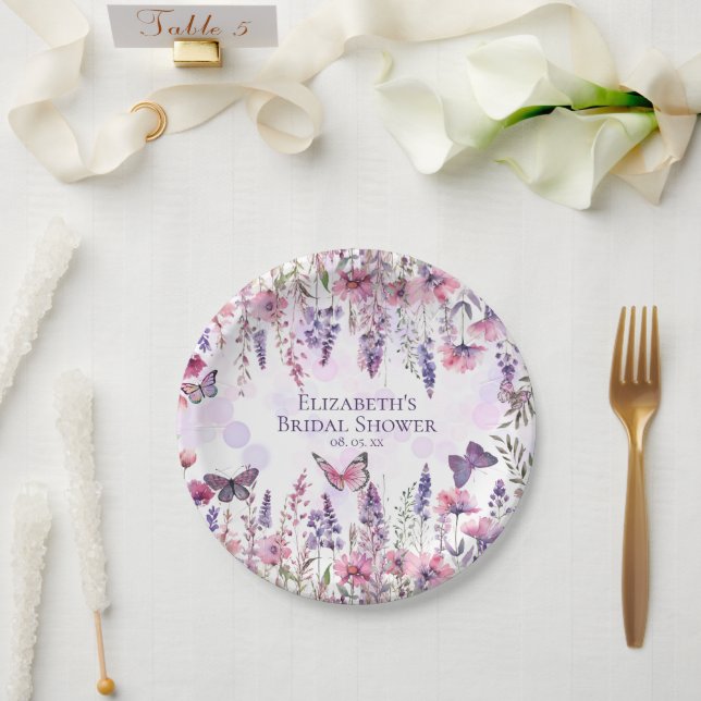 Purple Pink Butterflies and Wildflowers Floral Paper Plates (Wedding)