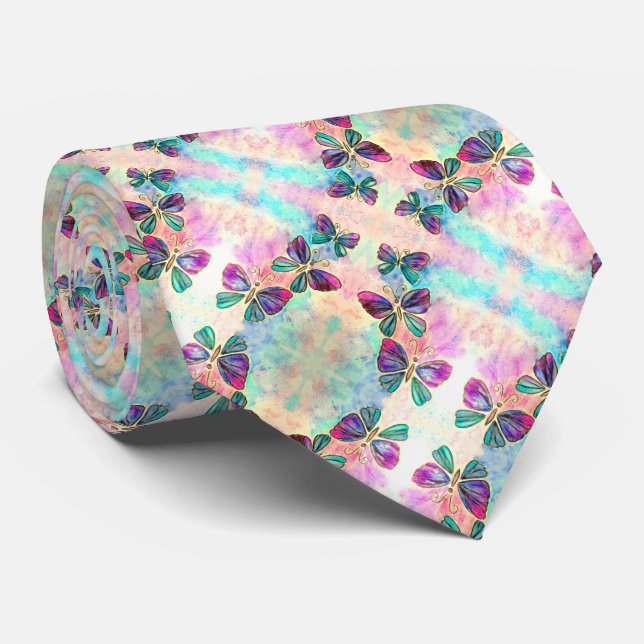 Purple Pink Butterflies Neck Tie (Rolled)
